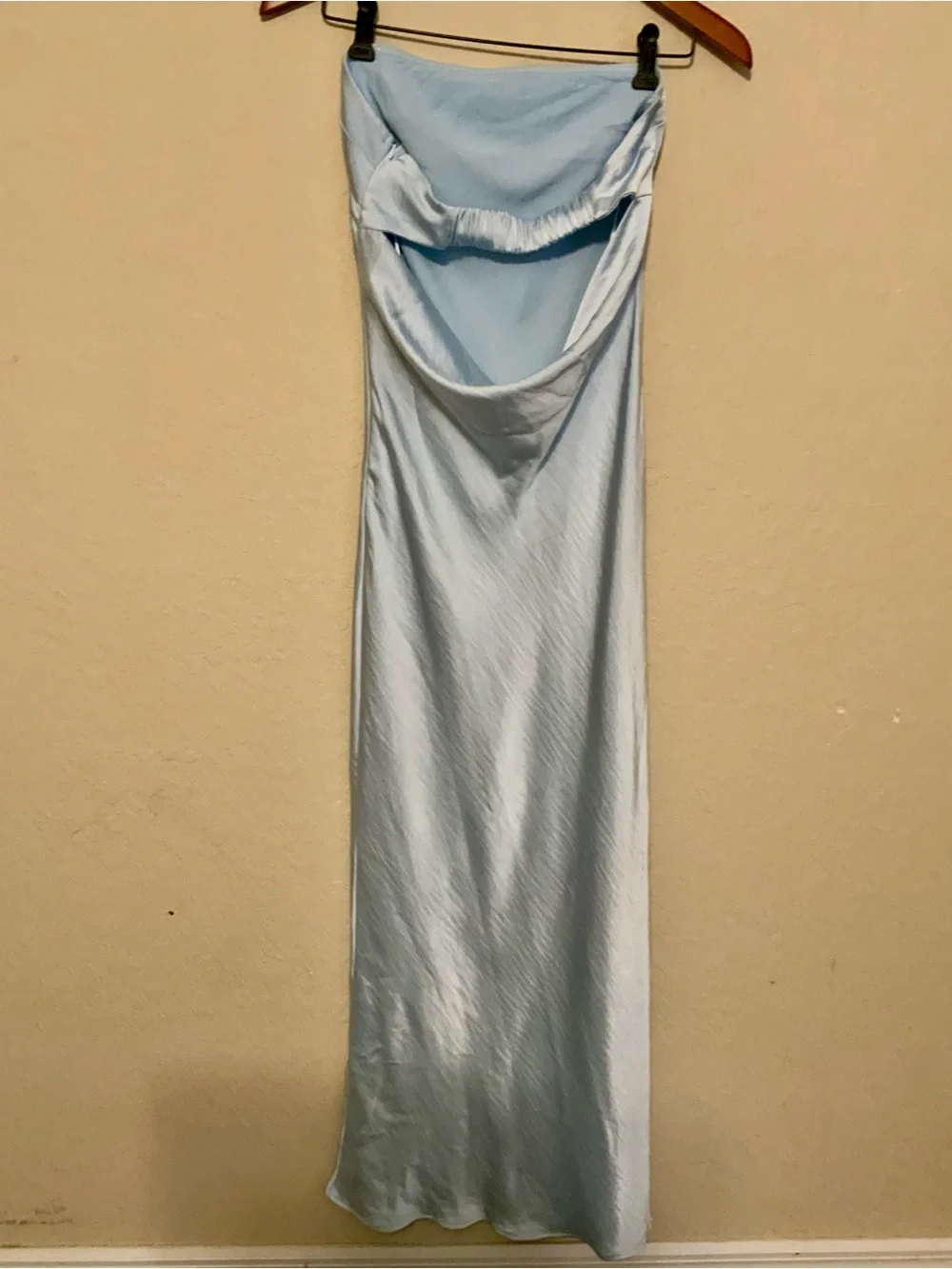 Realtix Strapless Light Blue Cowl-Back Maxi Dress, size Small NWT